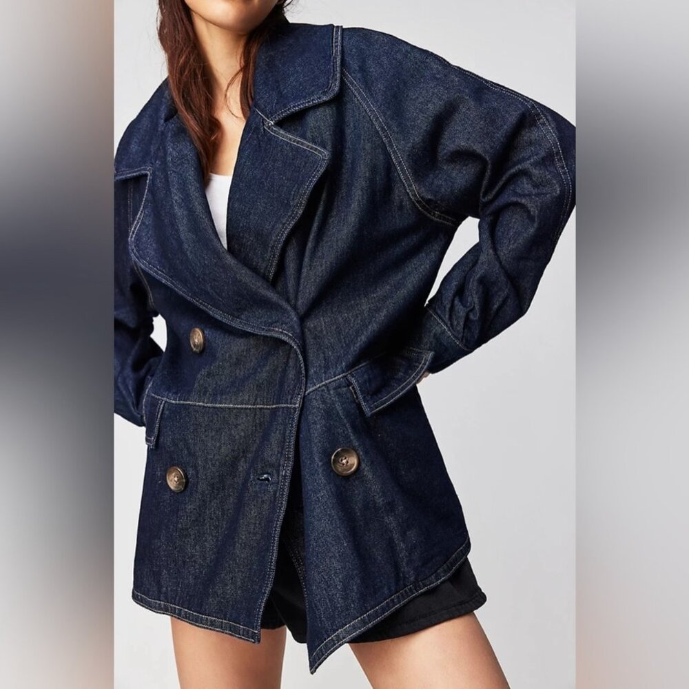 Free People Denim Car Coat NWOT oversized Size XS - Picture 2 of 11